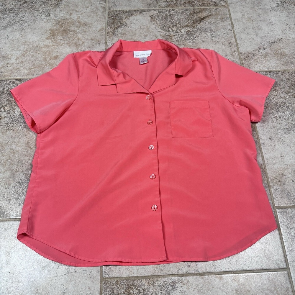 Susan Graver Style‎ Blouse Womens 1X Pink Short Sleeve Button Up Casual